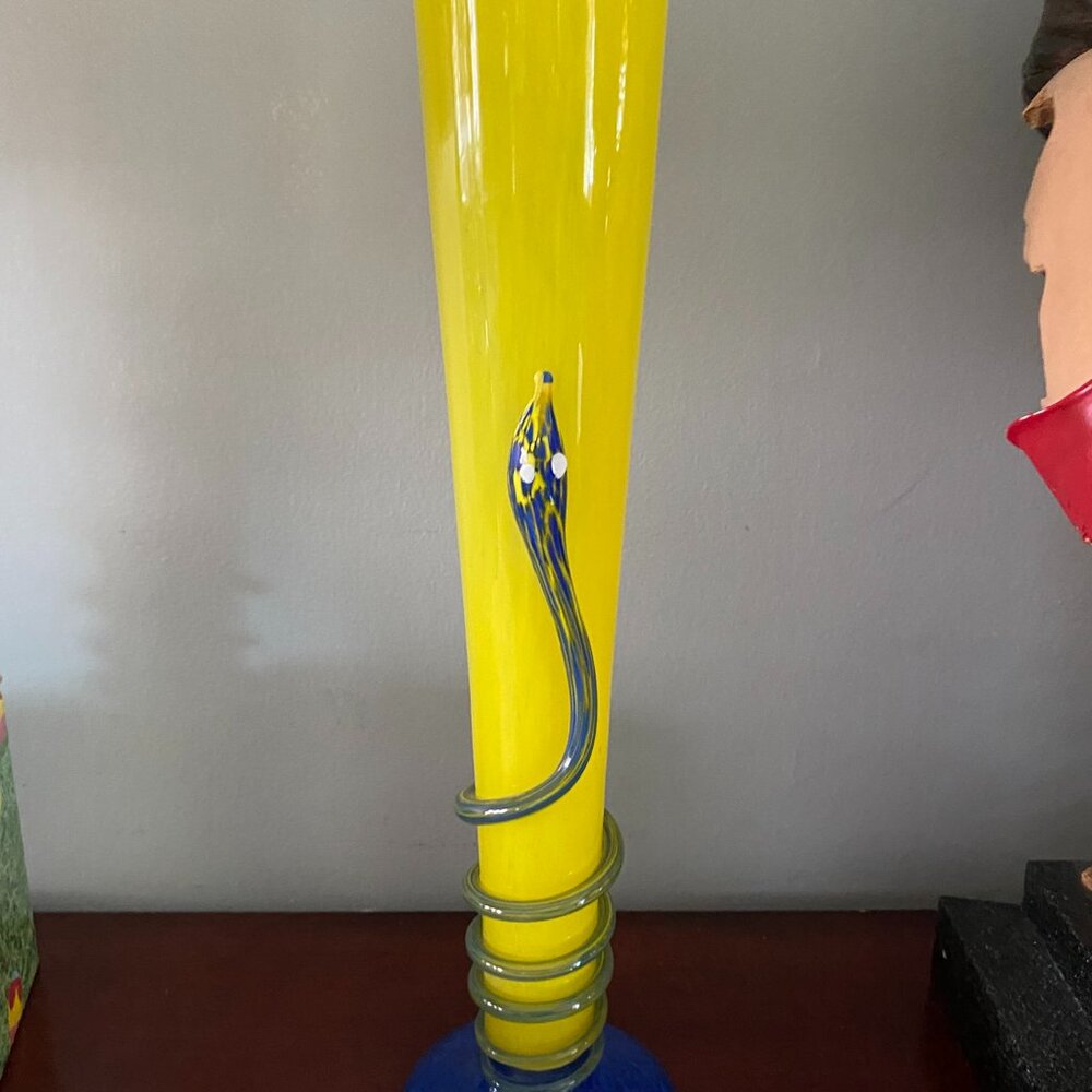 Vtg Czech Republic Yellow Blue Art Glass 16" Trumpet Snake Hut Charlotta? Vase